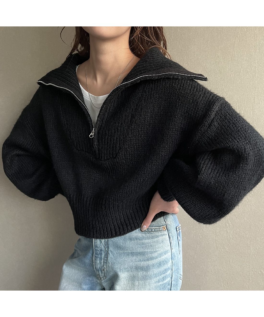 セール】ジュノア JUNOAH ハーフZIPショート丈ニット(505726994
