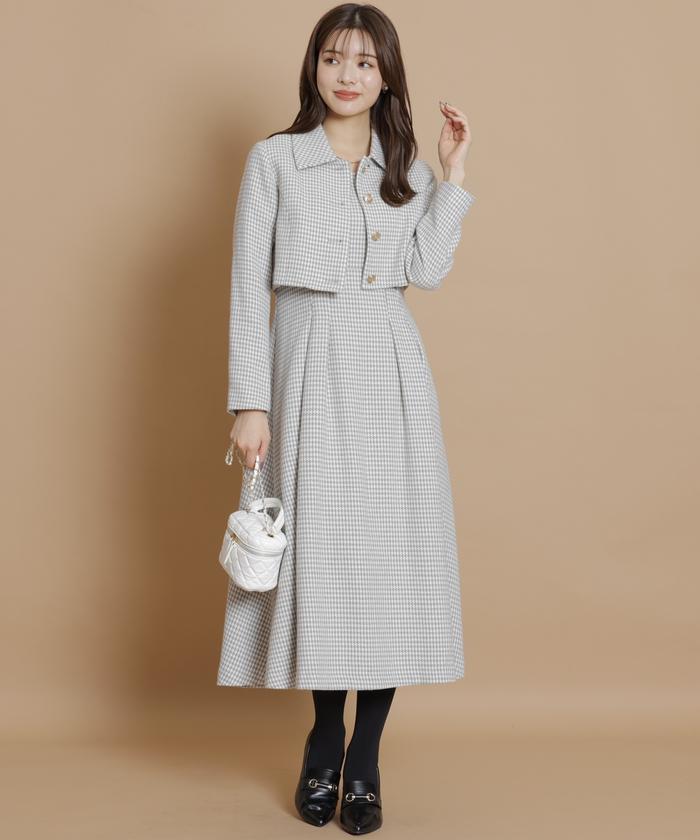 セール 50%OFF】千鳥ショートジャケット×ワンピースセットアップ セール 50%OFF】千鳥ショートジャケット×ワンピースセットアップ
