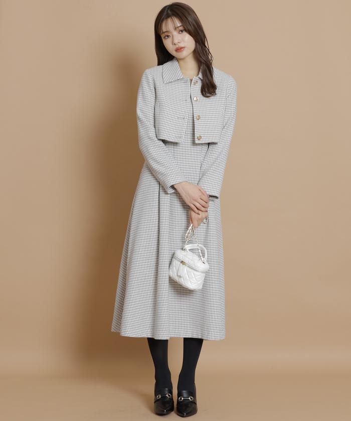 セール 50%OFF】千鳥ショートジャケット×ワンピースセットアップ セール 50%OFF】千鳥ショートジャケット×ワンピースセットアップ