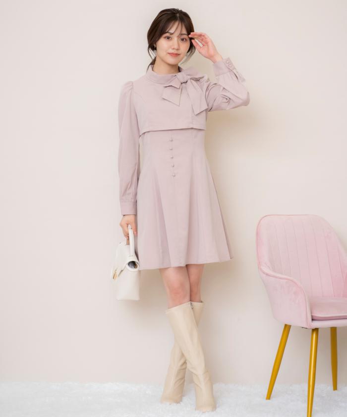 セール 50%OFF】レイヤード風リボンネックミニワンピース セール 50%OFF】レイヤード風リボンネックミニワンピース