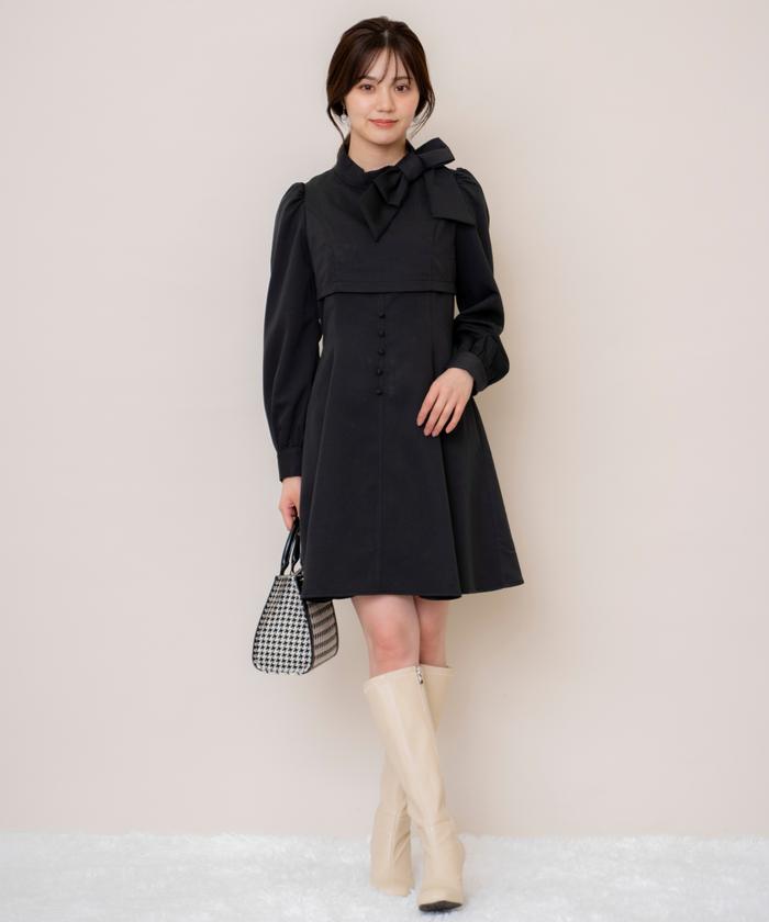 セール 50%OFF】レイヤード風リボンネックミニワンピース セール 50%OFF】レイヤード風リボンネックミニワンピース