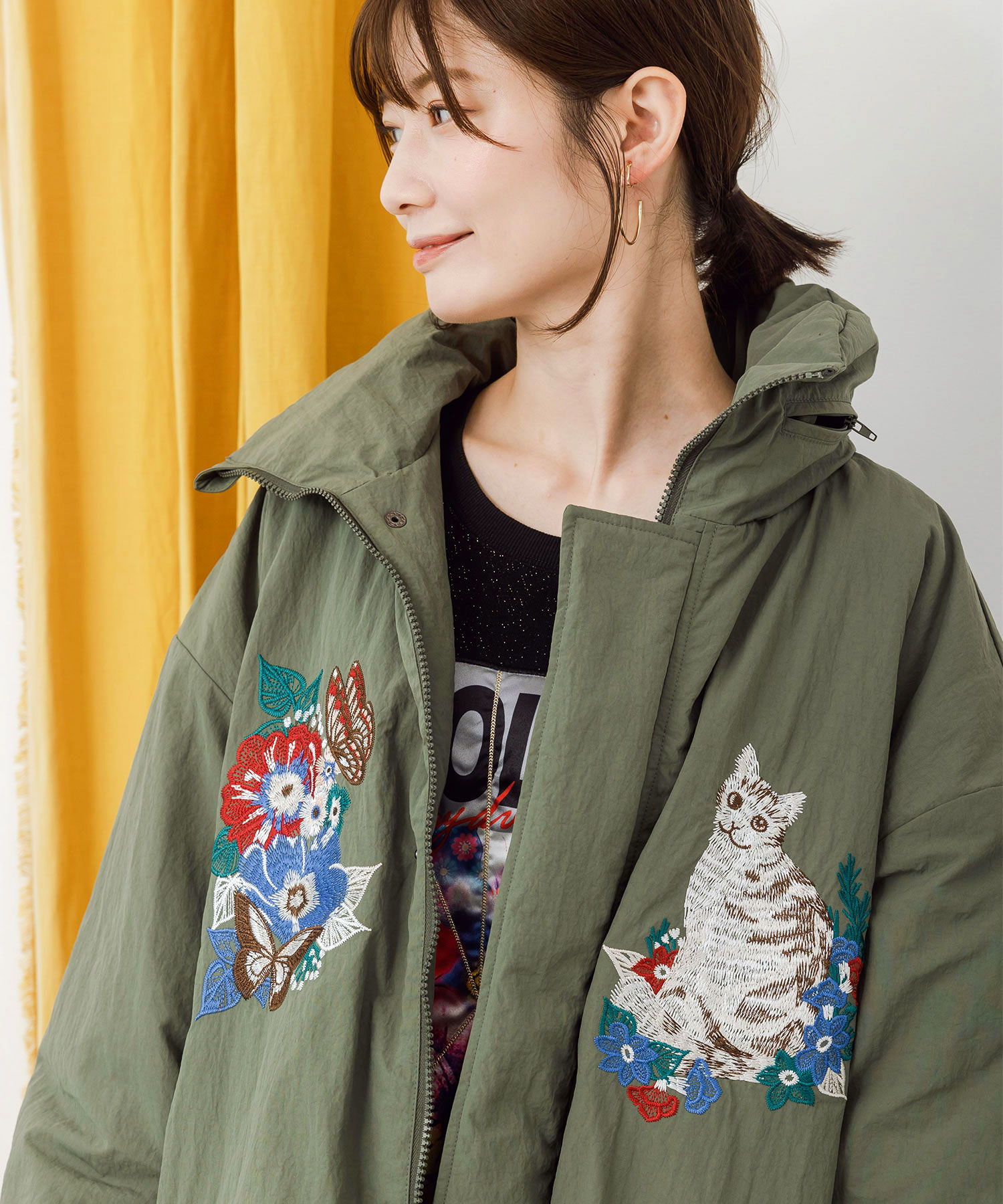 セール】ネコ花蝶刺繍 中綿キルティングブルゾン(505762730 セール】ネコ花蝶刺繍 中綿キルティングブルゾン(505762730