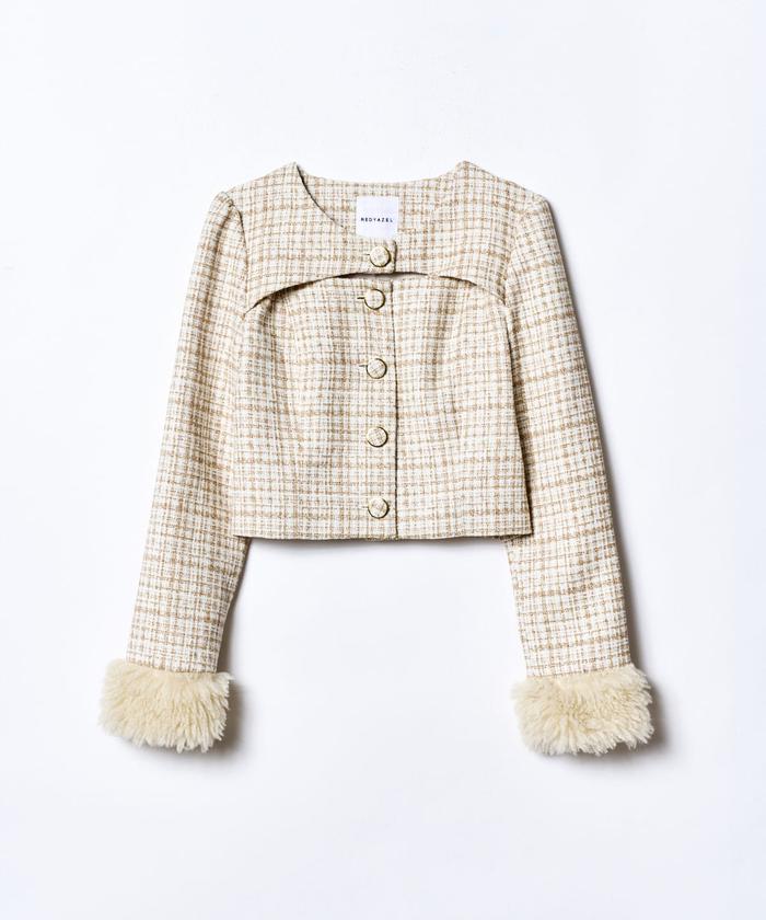 セール 50%OFF】デコルテみせファー付きツィードジャケット セール 50%OFF】デコルテみせファー付きツィードジャケット