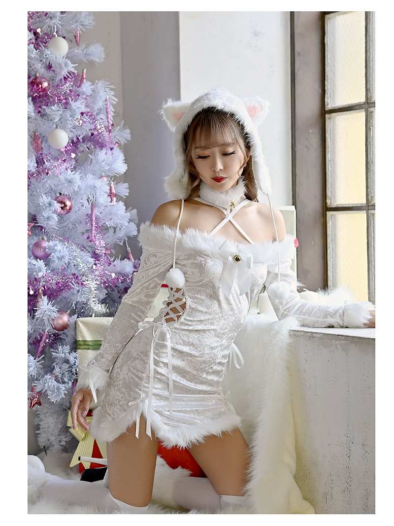 サンタ コスプレ 白 猫 袖付き アニマル サンタコスプレ セット