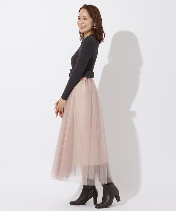 セール 50%OFF】ベルト付きチュールドッキングワンピース