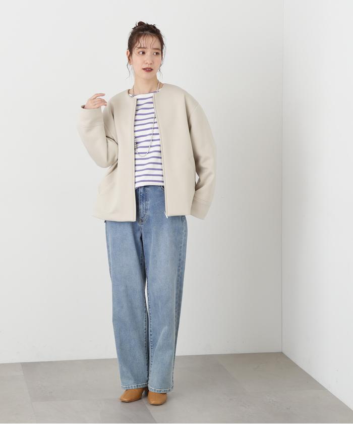 新品23区 SLOW Light Nylon ノーカラー ブルゾン ベージュ40 洗える／撥水加工】ナイロン2WAYストレッチ ブルゾン