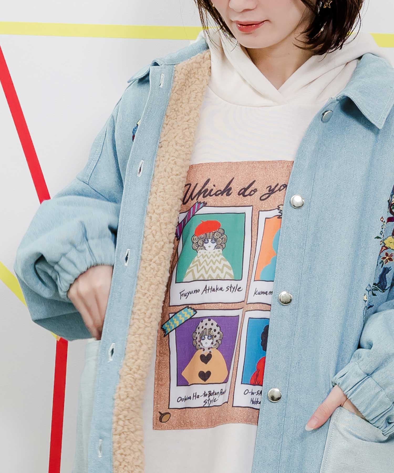 セール 10%OFF】裏ボアデニム 刺繍ビッグシルエットコート