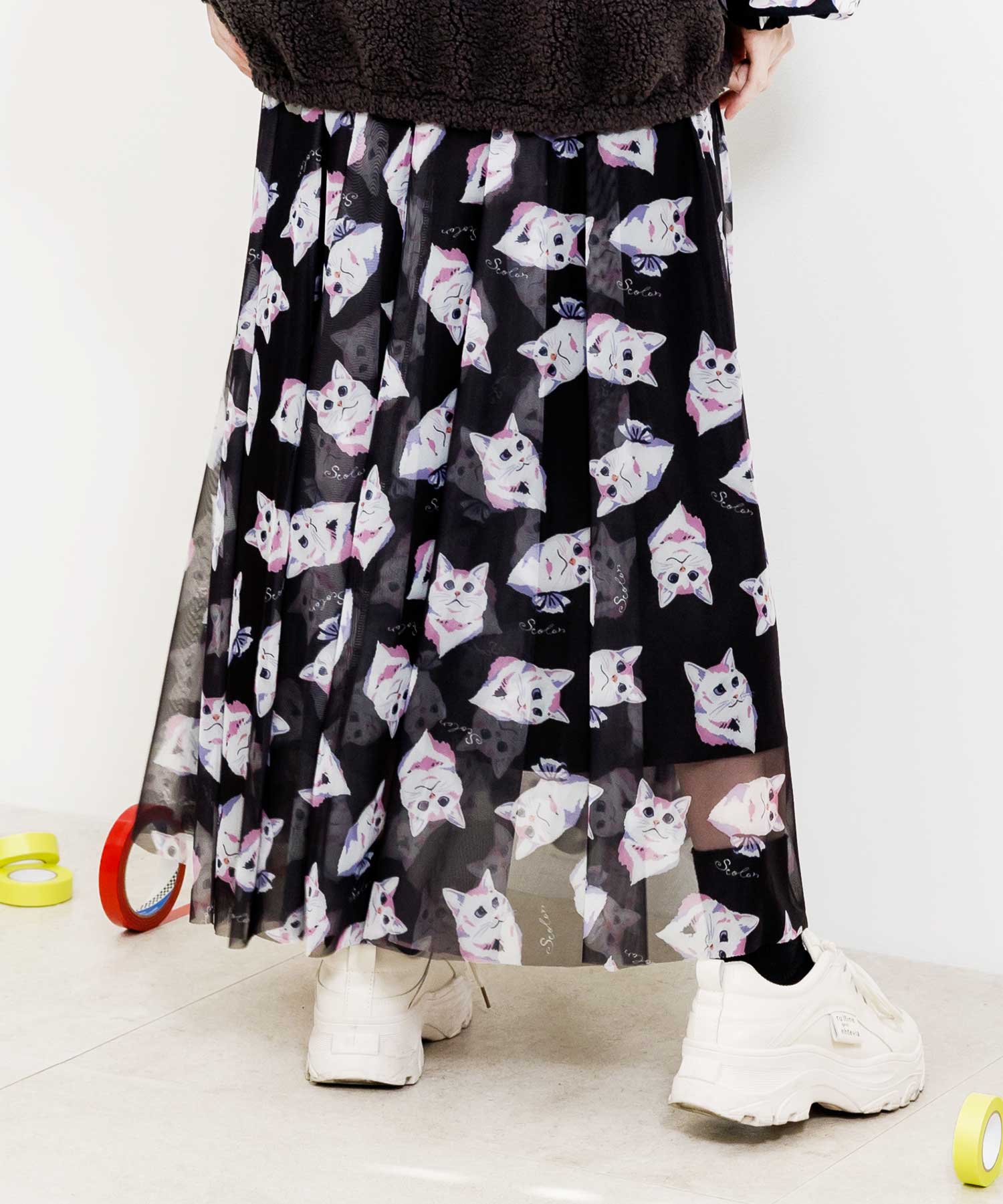 【新品】SCOLAR スカラー　猫柄チュール×メタリックスカート ScoLarチュール重ねメタリック生地 ネコ柄orアップリケ風 柄展開