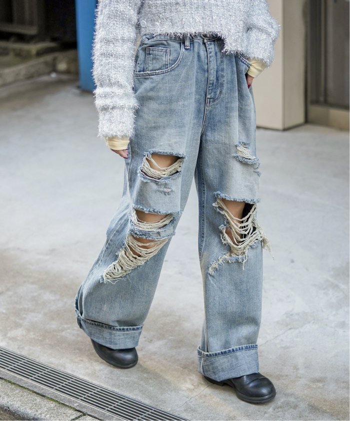 PEOPLESTYLE レトロデニムパンツジーンズウォッシュドダメージ PEOPLESTYLE レトロデニムパンツジーンズウォッシュドダメージ