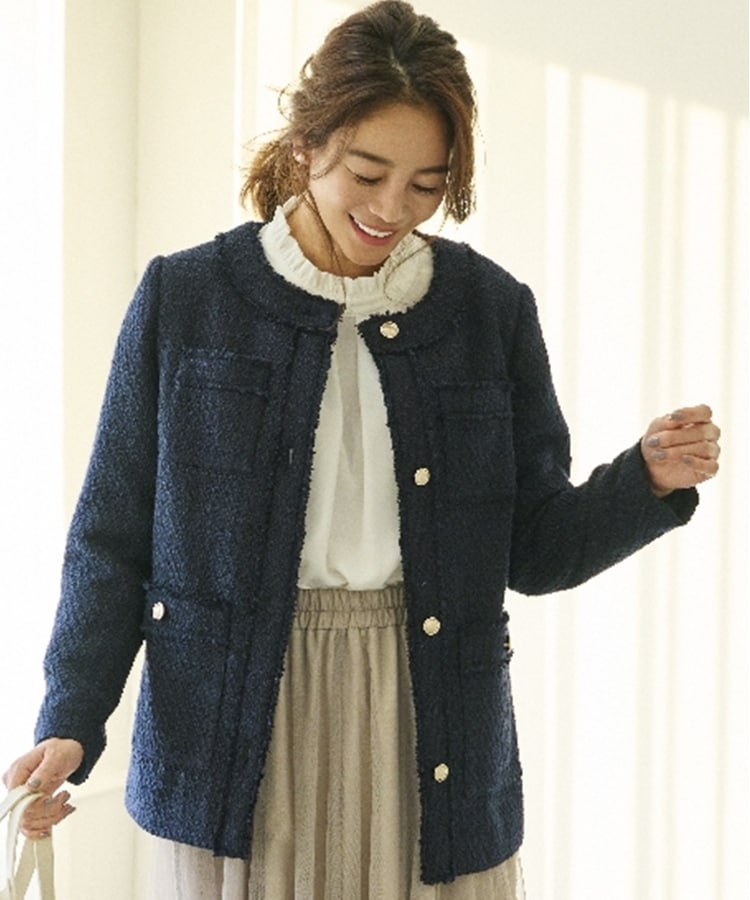 セール10%OFF】ノーカラー 金釦ツイード ミドルジャケット