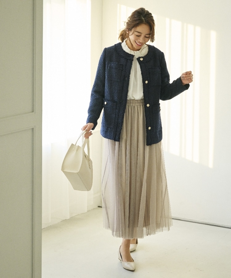 セール10%OFF】ノーカラー 金釦ツイード ミドルジャケット