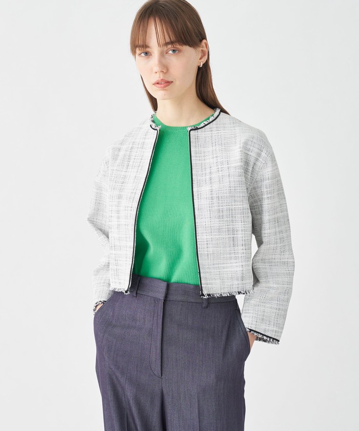 【12月スーパーSALE 15%OFF】 クーポン】【セール クルーネック 40%OFF】ロングスラブツイード ジャケット・アウター