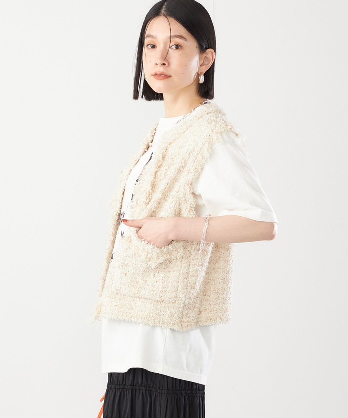 セール 50%OFF】〈手洗い可能〉ラメ ツイード フリンジ ジレ