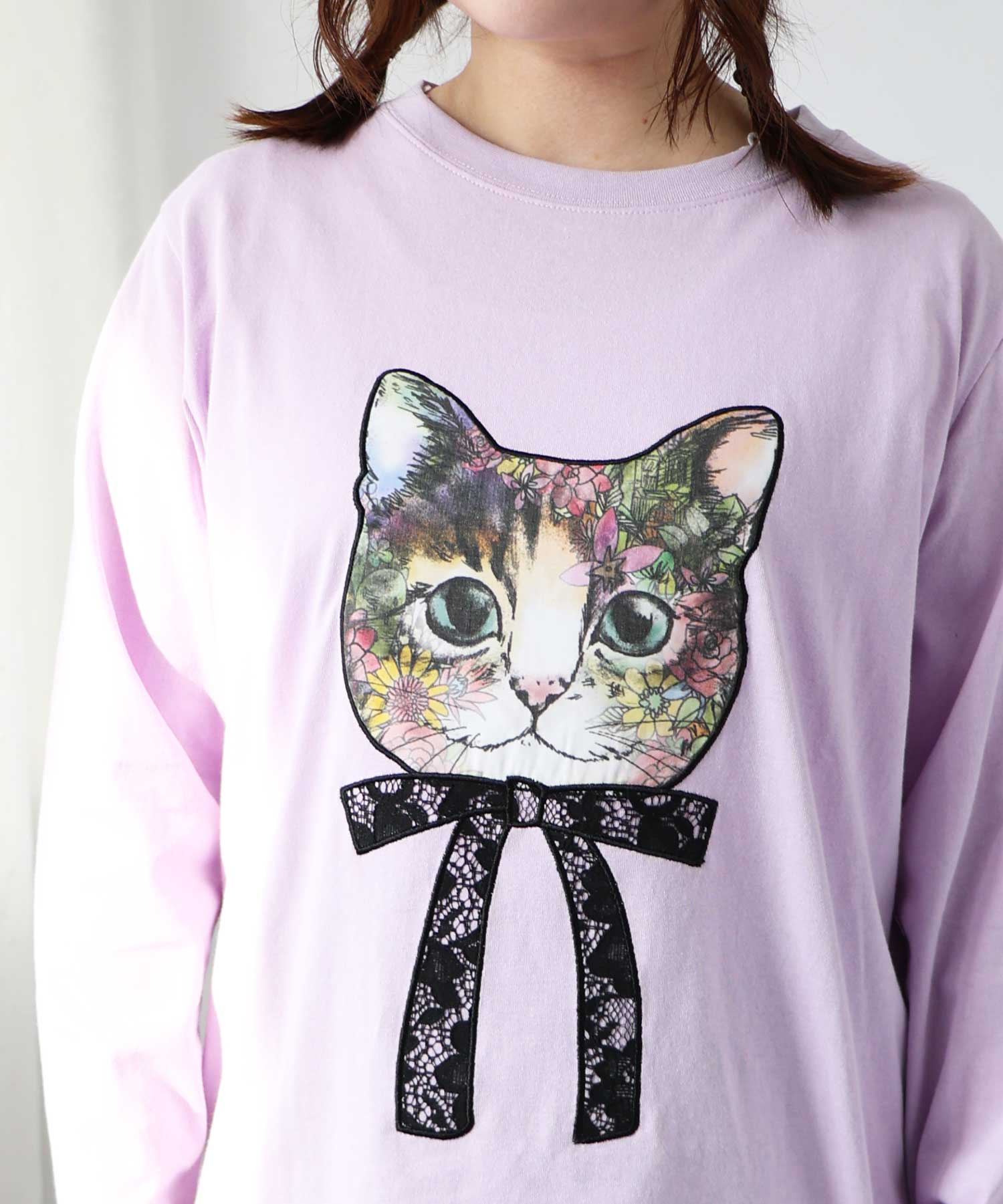 セール】リボンでおめかしネコの刺繍アップリケ ロングスリーブT