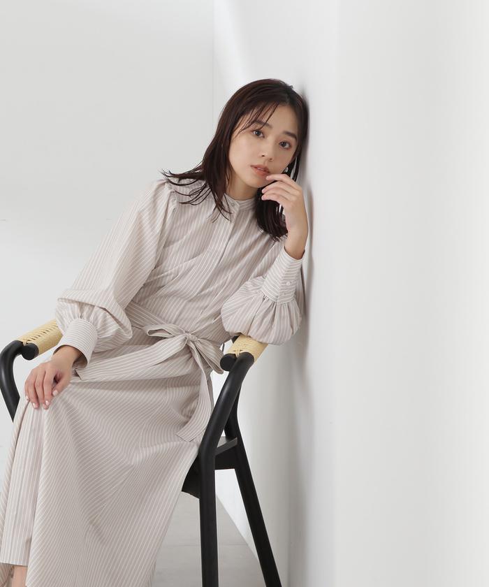 NATURAL BEAUTY BASIC｜ギャザースリーブストライプシャツ