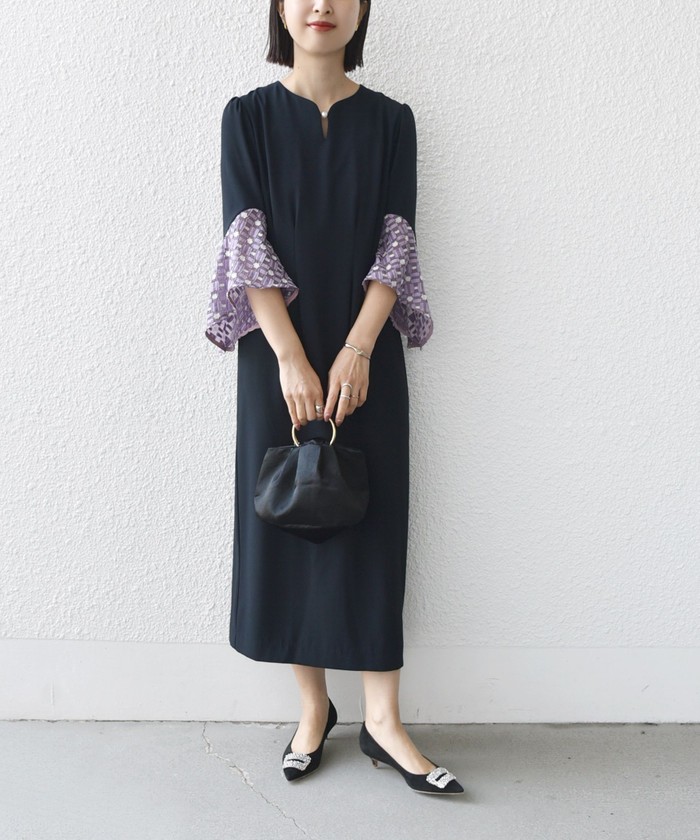 ships little black ドットチュールロングワンピース　ブラック little black:ドットチュールロングワンピース◇