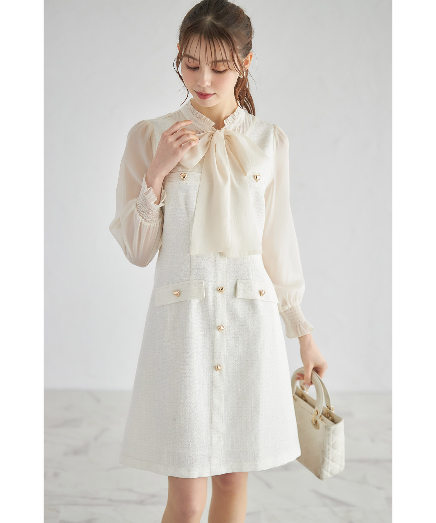 ボウタイ ツイード ワンピース 全2色 シアー Aライン ck6265 トッコクローゼット tocco closet ボウタイリボン付きハート釦