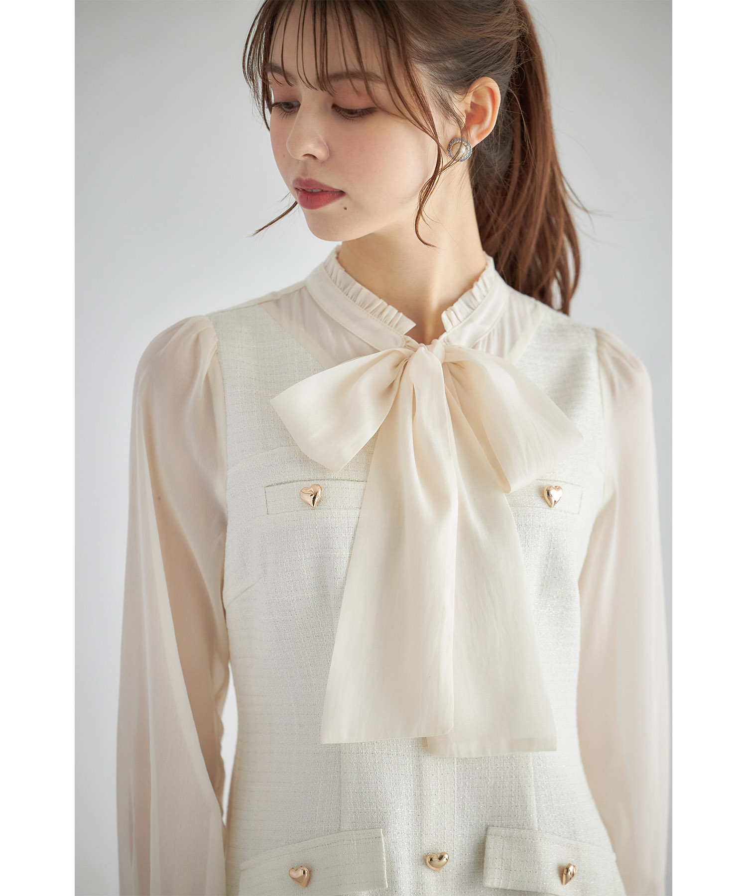 ボウタイ ツイード ワンピース 全2色 シアー Aライン ck6265 トッコクローゼット tocco closet ボウタイリボン付きハート釦