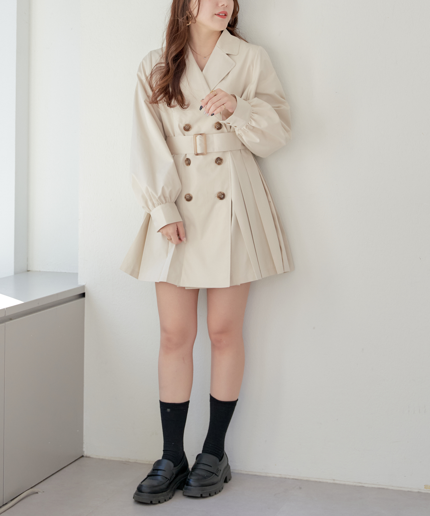 プリーツショートトレンチコート アウター ショート丈 春 プリーツショートトレンチコート アウター ショート丈 春
