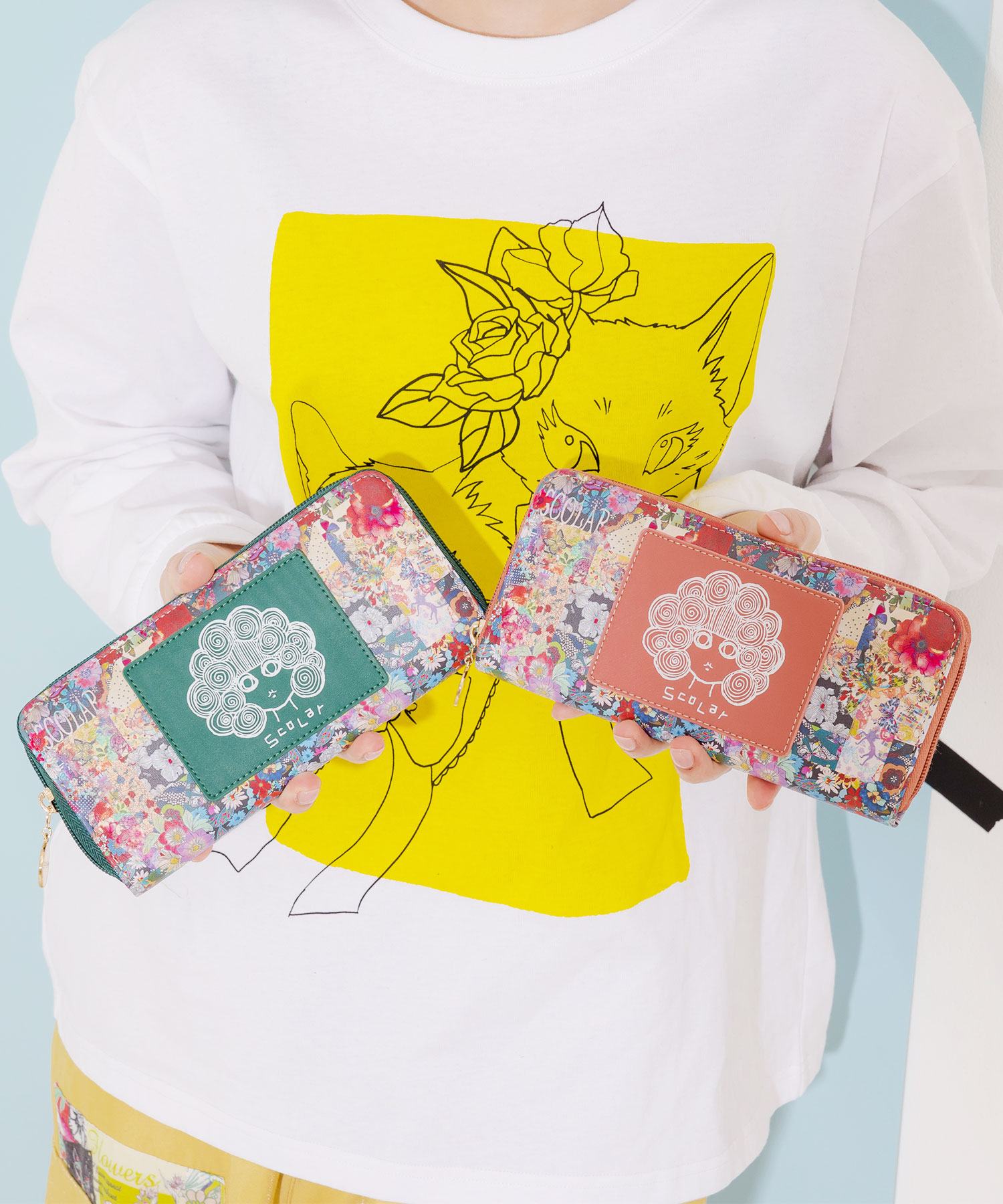 スカラー ScoLar スカラーちゃんアップリケ花柄ラウンド長財布