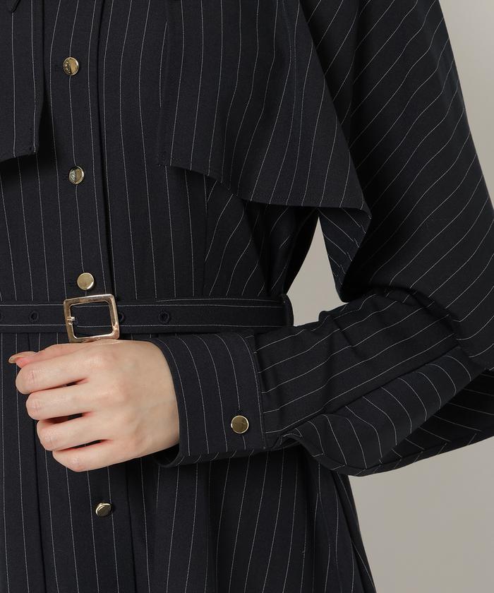 美品　レディアゼル　ストライプ シャツワンピース ケープ フレア　ロング丈 美品 レディアゼル ストライプ シャツワンピース ケープ フレア