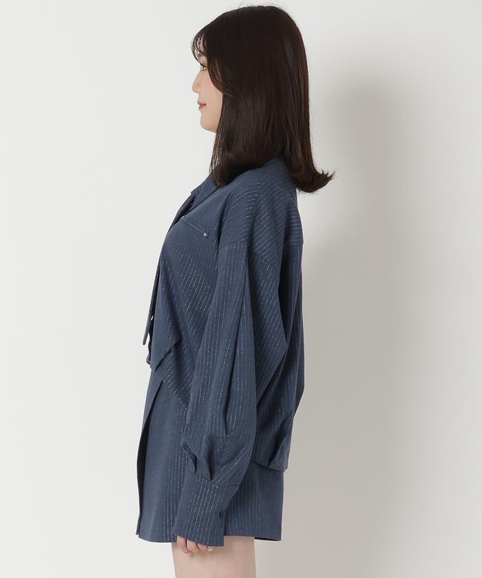 REDYAZEL - 美品 REDYAZEL ラメストライプネクタイ付きシャツ ネイビー 美品 REDYAZEL ラメストライプネクタイ付きシャツ ネイビー