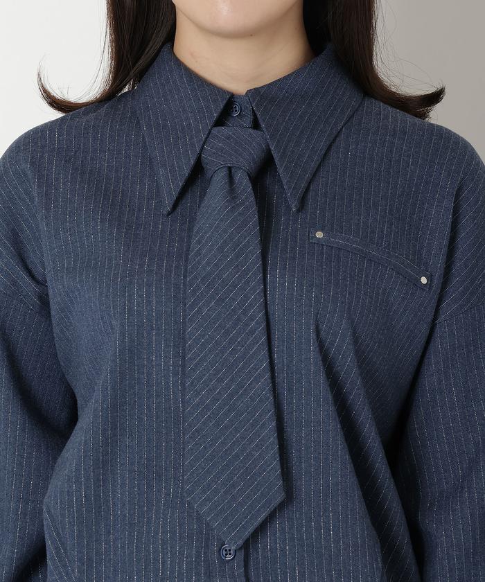 REDYAZEL - 美品 REDYAZEL ラメストライプネクタイ付きシャツ ネイビー 美品 REDYAZEL ラメストライプネクタイ付きシャツ ネイビー