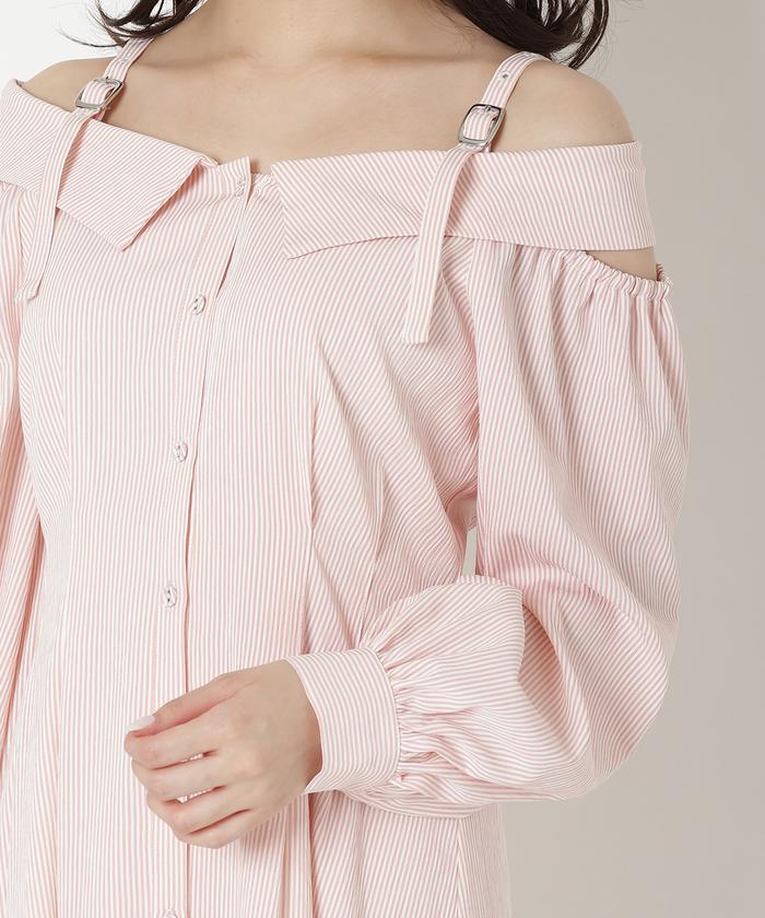 セール 40%OFF】肩あきストライプシャツワンピース(505928875