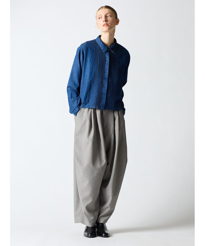 mizuiro ind◆デニムピンタックショートシャツ/長袖ブラウス/デニム/IDG/無地/3-230022 mizuiroind ミズイロインド シャツ デニム ピンタック ショート