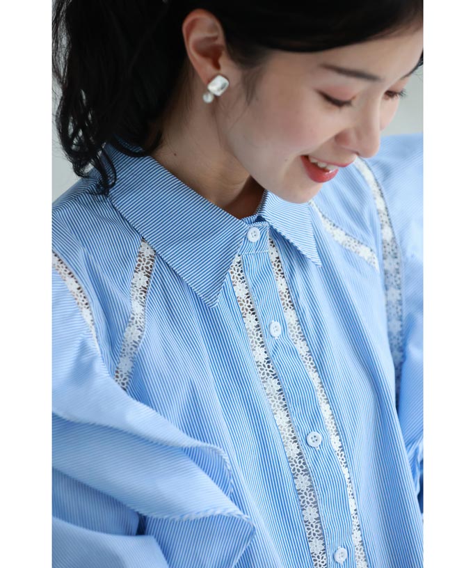 伊太利屋 GK ☆ ストライプ柄 レースフリル コットン ジャケット 11 花 レース 生地 花柄 布 刺繍 インド綿 シャンブレー花の刺繍