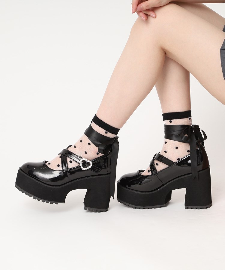 セール】厚底ハートバックル2WAYリボンレースアップパンプス