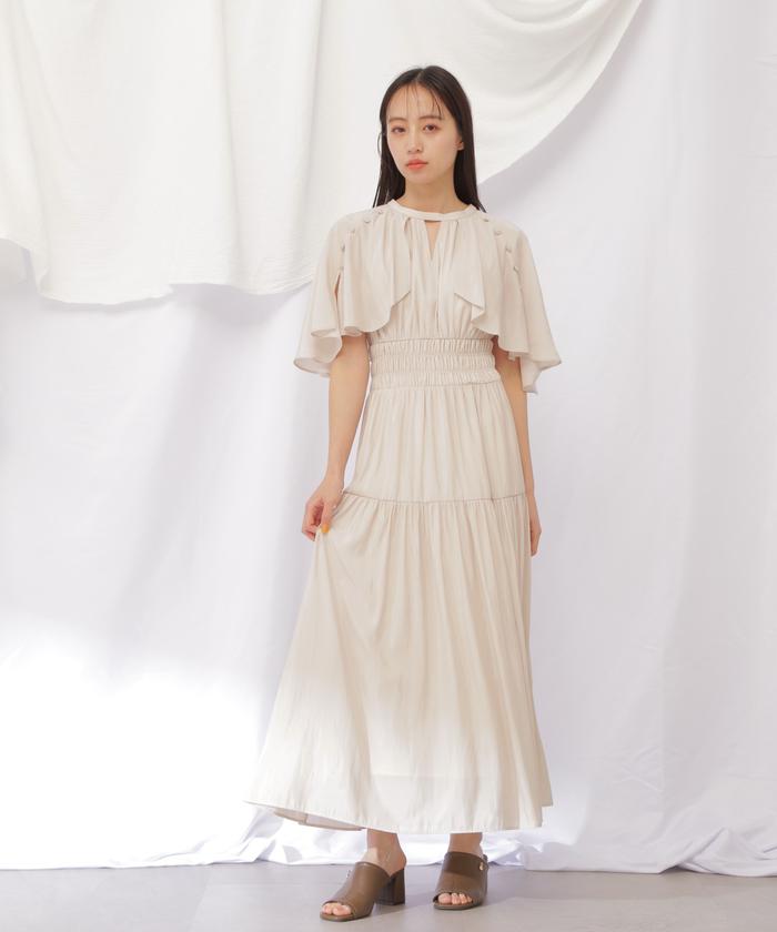 mimc ワンピース　アイボリー　カットオフ　リブ　美品 リネンライクアメスリIラインマキシワンピース(マキシ・ロング