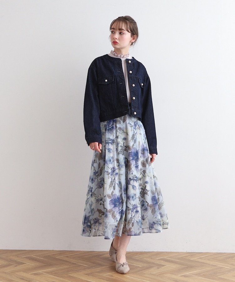 セール 30%OFF】パール調釦ノーカラーデニムジャケット