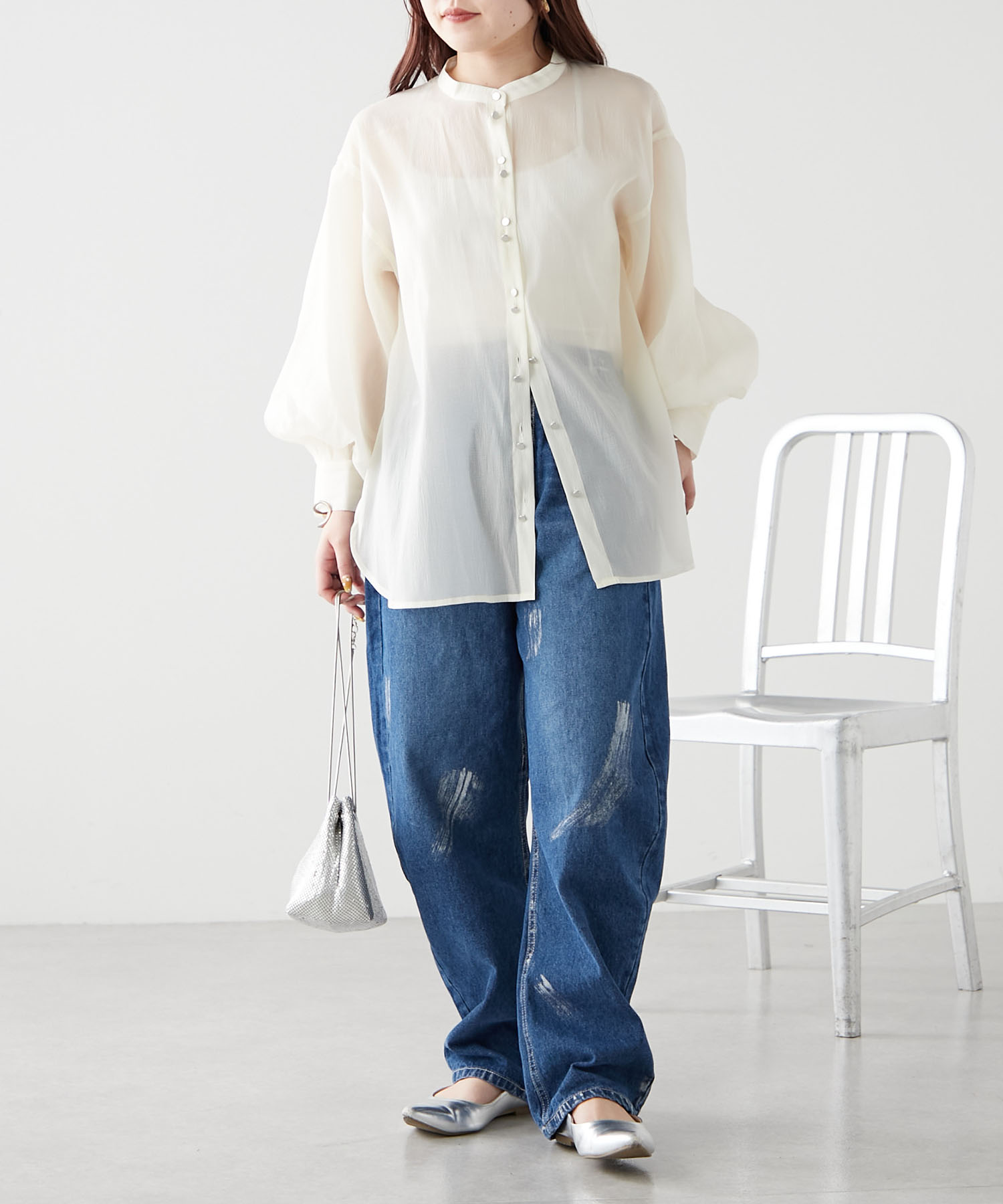 クーポン】【新色登場！】W釦シアーシャツ ゆったり ボリューム