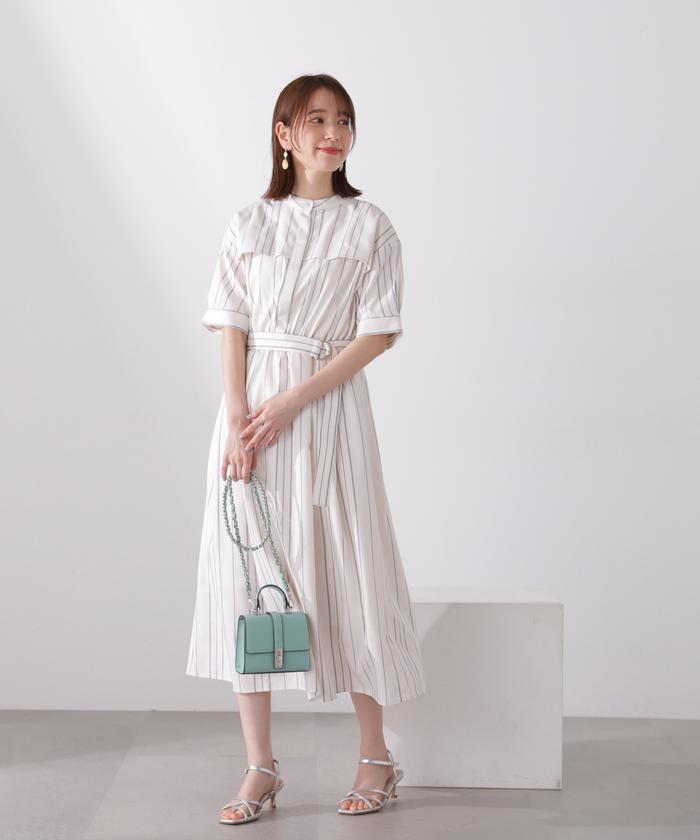 セール 50%OFF】ベルト付麻調バンドカラーワンピース(505985808 セール 50%OFF】ベルト付麻調バンドカラーワンピース(505985808