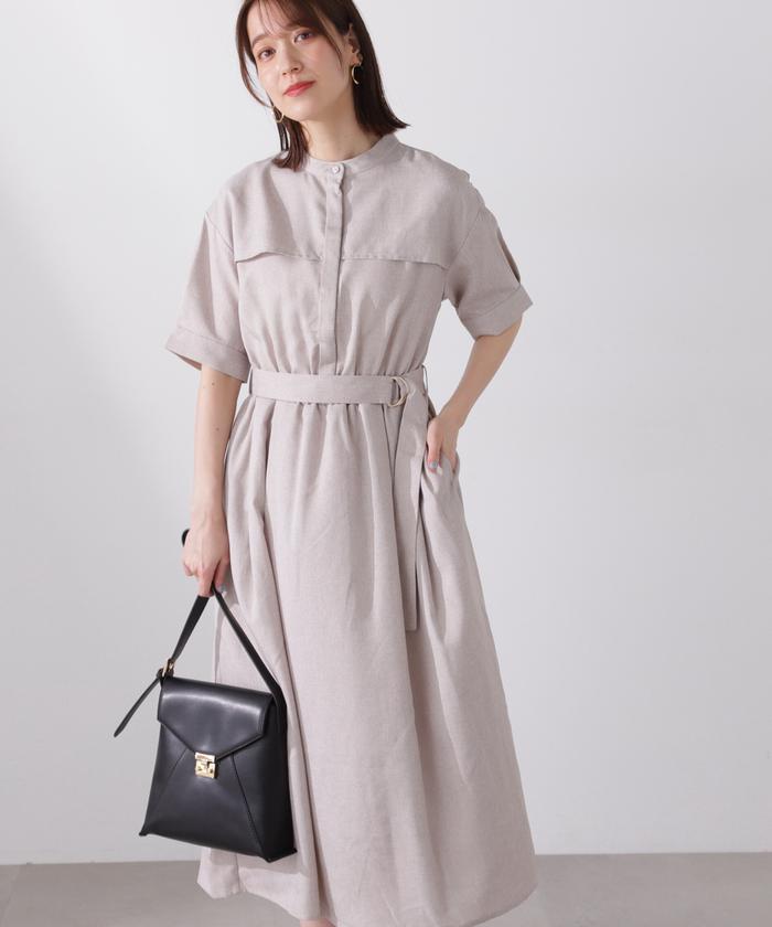 セール 50%OFF】ベルト付麻調バンドカラーワンピース(505985808 セール 50%OFF】ベルト付麻調バンドカラーワンピース(505985808