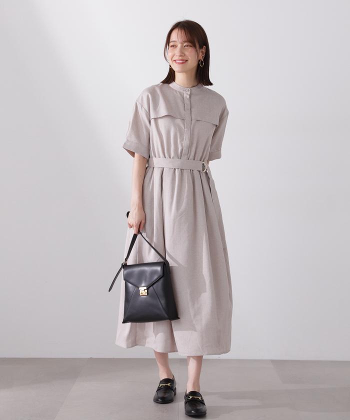 セール 50%OFF】ベルト付麻調バンドカラーワンピース(505985808