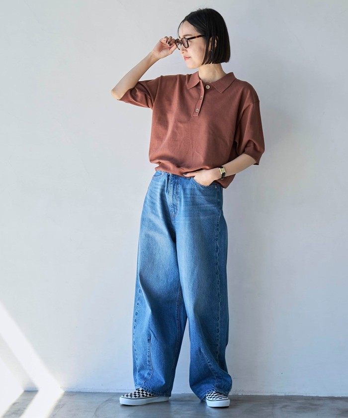 藍染デニムサルエルパンツ 大きなポケット付き スッキリサルエル