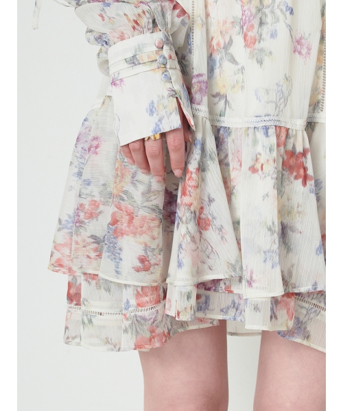 セール 50%OFF】プリントフリルシフォンミニワンピース セール 50%OFF】プリントフリルシフォンミニワンピース