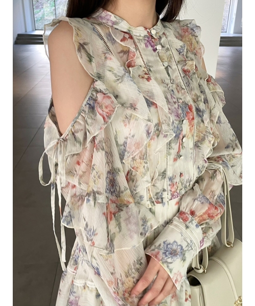 セール 50%OFF】プリントフリルシフォンミニワンピース セール 50%OFF】プリントフリルシフォンミニワンピース