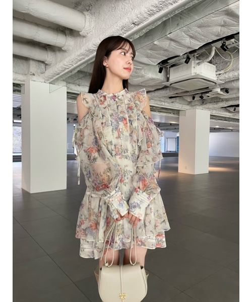 セール 50%OFF】プリントフリルシフォンミニワンピース セール 50%OFF】プリントフリルシフォンミニワンピース