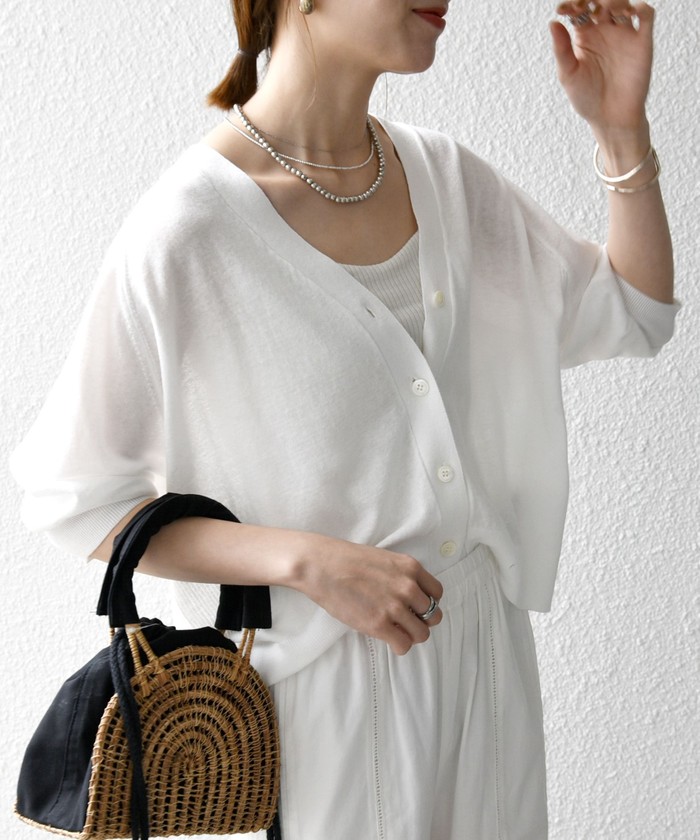 SHIPS for women / シップスウィメン SHIPS any:〈手洗い可能〉リネン ミックス Vネック ショート シアー カーディガン SHIPS any:〈手洗い可能〉リネン ミックス Vネック ショート