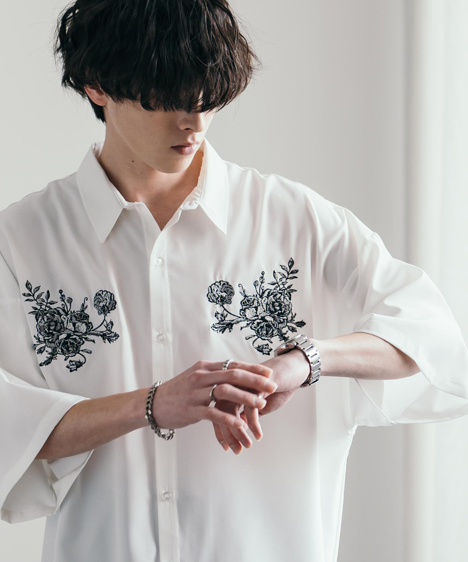 メンズ 半袖シャツ ドロップショルダー フラワー ローズ M00310 Tシャツ メンズ 半袖 グラフィック ロゴ フラワー 発泡プリント
