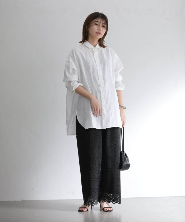 【美品】ティッカ リネンスクエアビックシャツ カーキ バンドカラー ワイド 美品】ティッカ リネンスクエアビックシャツ カーキ バンド