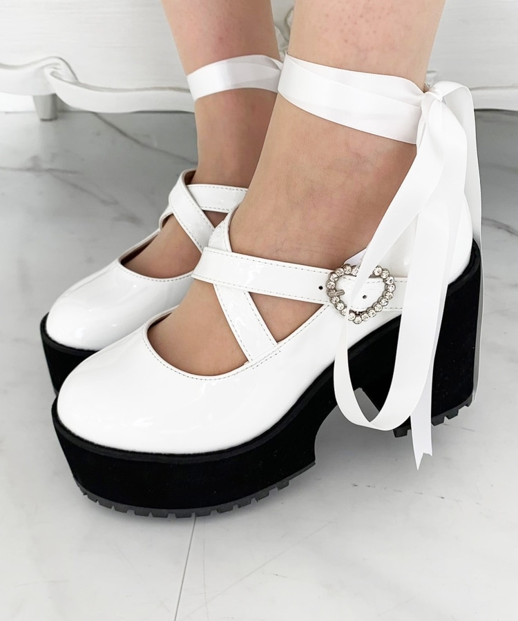 セール】厚底ハートバックル2WAYリボンレースアップパンプス