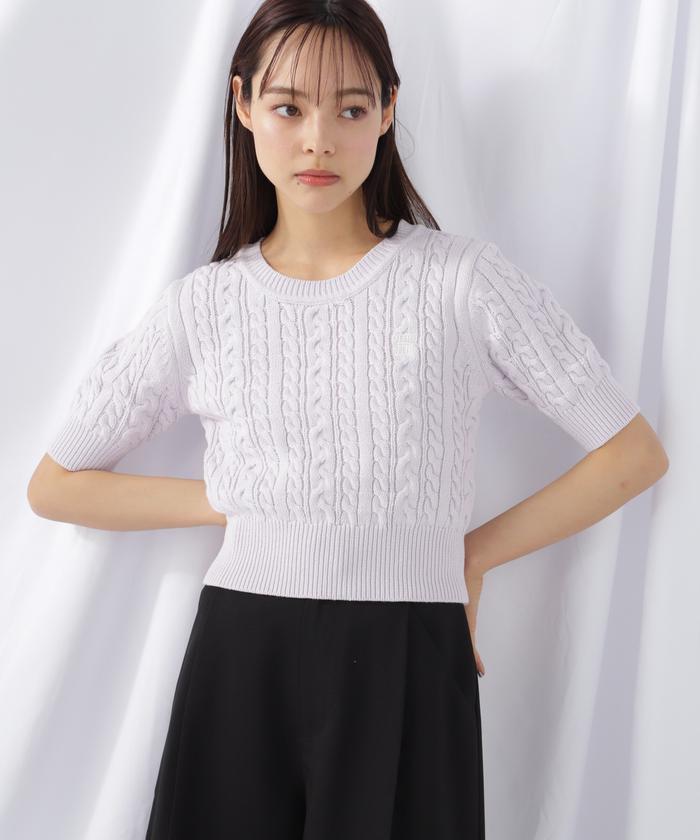 ★DRAW FIT★ コットン ケーブル 半袖 カラー ニット チェス ケーブル 半袖ニット│to touch