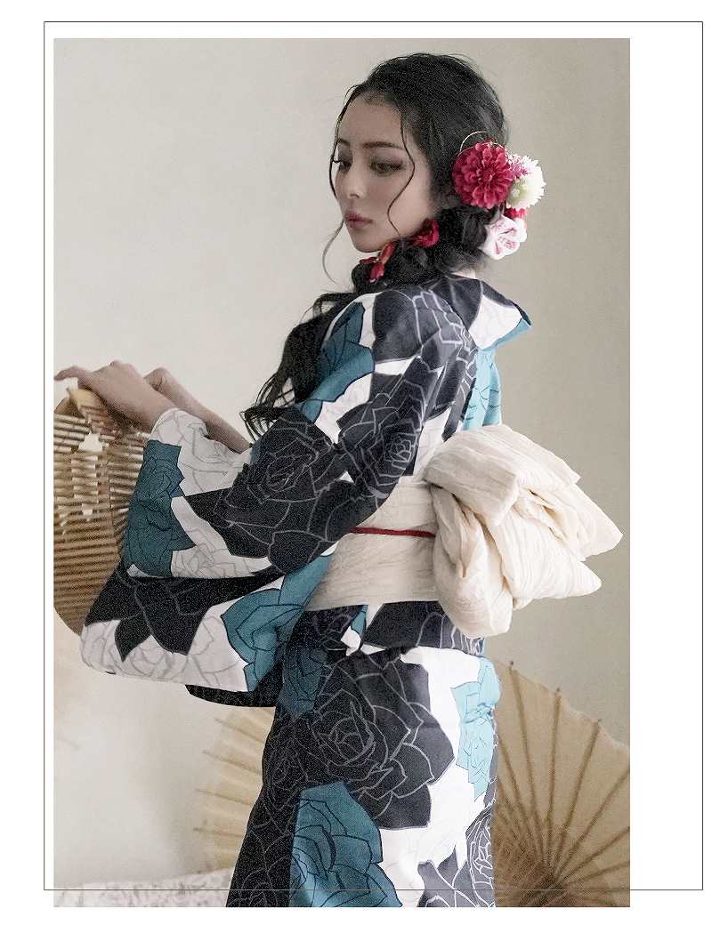素敵　高級！大人浴衣　ターコイズがかっこいい！粋 浴衣 レディース 女性用 Scena ターコイズブルー 青 青緑 向日葵