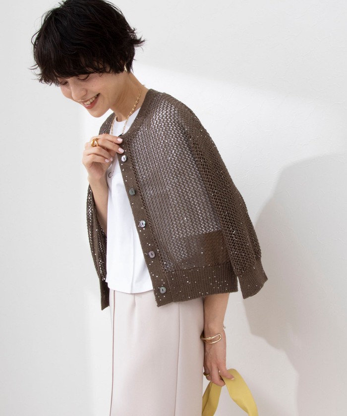 セール 20%OFF】《手洗い可能》スパンコールメッシュ5分袖
