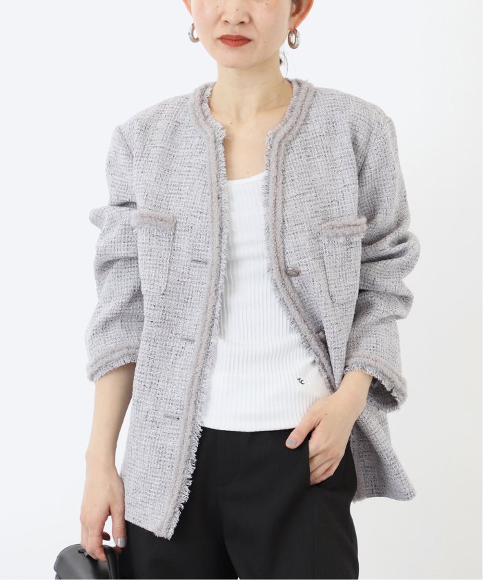 ヴェルメイユパーイエナ　ツイードジャケット　ノーカラージャケット　リネン　ウール VERMEIL par iena ジャケット ノーカラージャケット ノーカラー