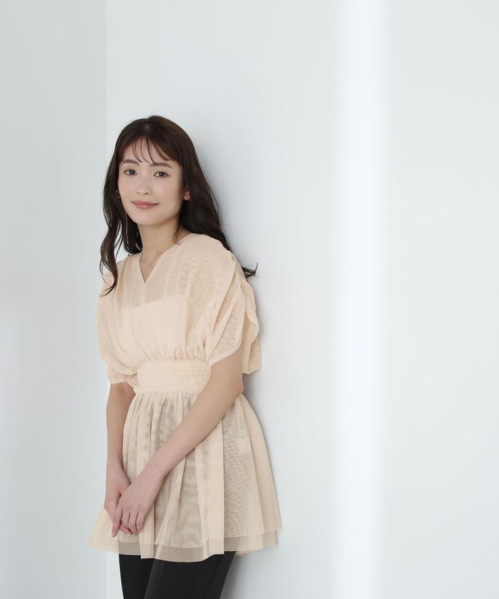 G2877*極美品☆ナチュラルビューティーベーシック☆総柄☆ファー☆ボレロ☆茶 セール 10%OFF】チュールシアーチュニック(506034358